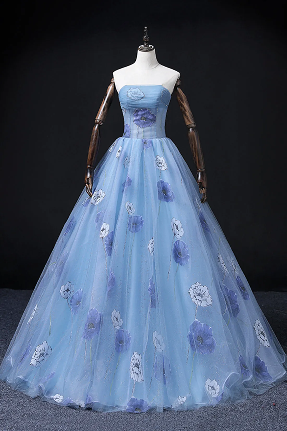 Floral Tulle Long Prom Dress, Blue Short Sleeve Evening Dress