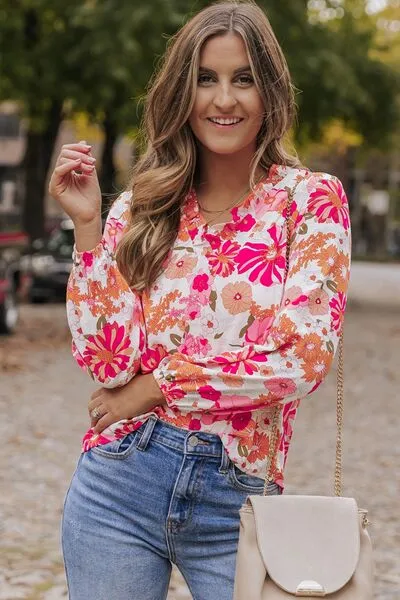 Floral V-Neck Frill Long Sleeve Summer Blouse