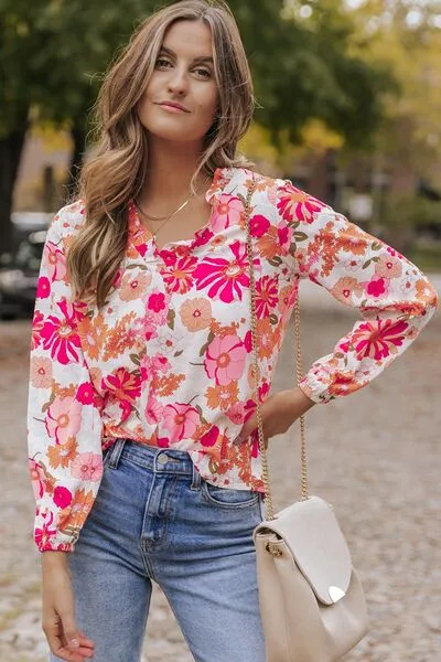 Floral V-Neck Frill Long Sleeve Summer Blouse