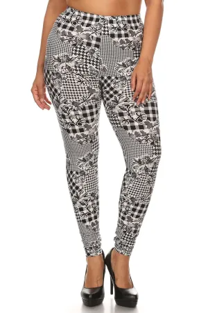 Floral With Hounds Tooth Printed Knit Legging