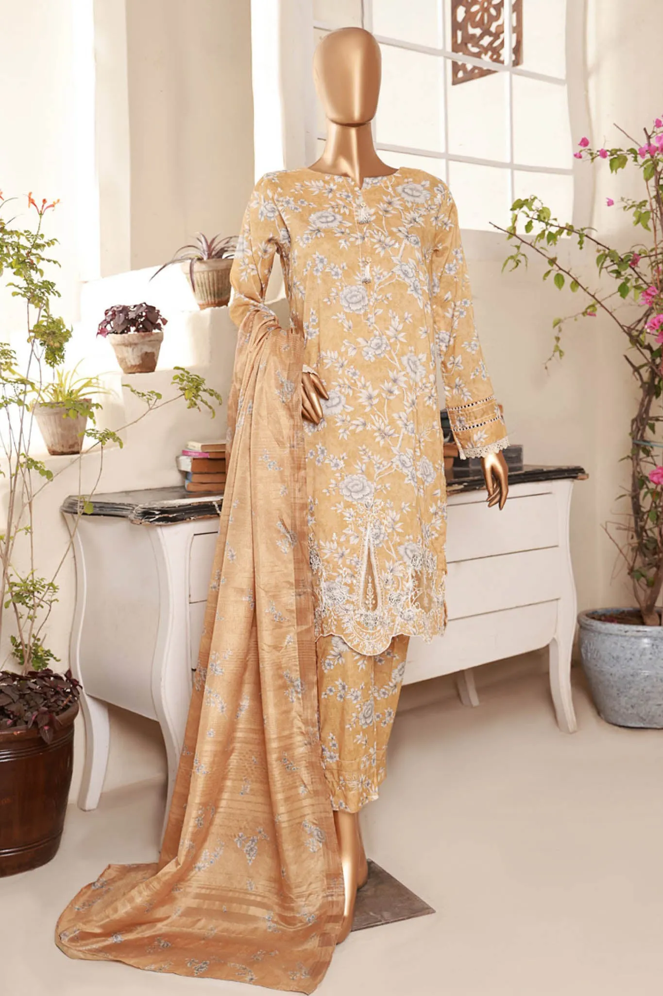 Florence By HZ Stitched 3 Piece Printed & Emb Raw Silk Collection'2024-RRE-03