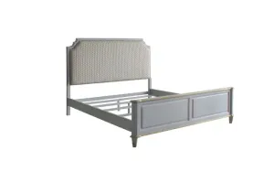 Florence King Bed, Two Tone Beige Fabric & Pearl Gray Finish