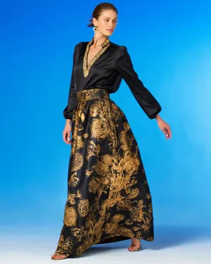 Florence Long Full Skirt in Black and Gold Floral Toile