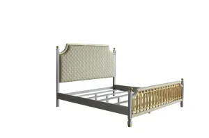 Florence Queen Bed, Beige Faux Leather & Pearl Gray Finish