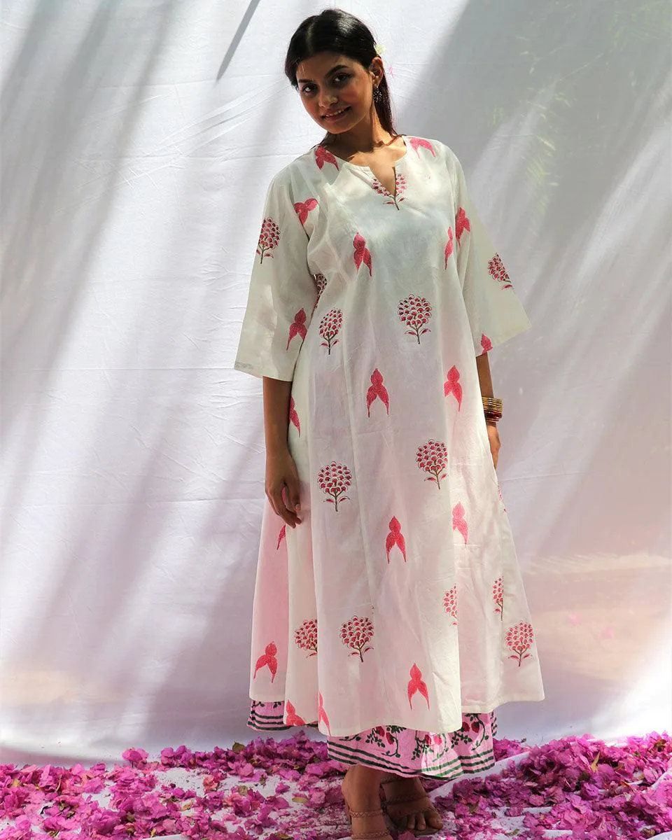 Flourish White Block Printed Cotton Kurta Set With Skirt - Fos