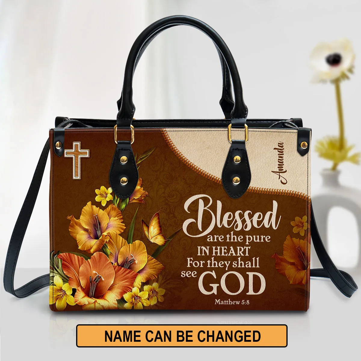 Flower & Butterfly Matthew 5 8 Blessed Are The Pure In Heart Leather Bag - Personalized Leather Bible Handbag - Christian Gifts for Women