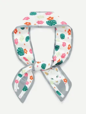 Flower & Cat Print Skinny Scarf