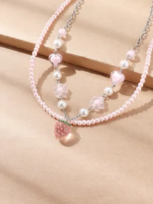 Flower & Faux Pearl Decor Strawberry Pendant Necklace Jewelry for Women Gift for