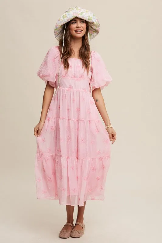 Flower Embroidered Puff Sleeve Tiered Maxi Dress