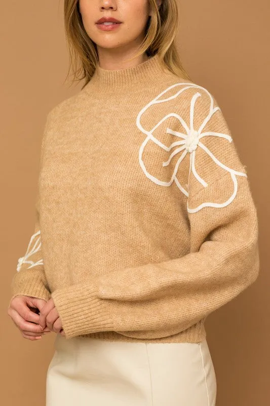 Flower Embroidery Mock Neck Sweater