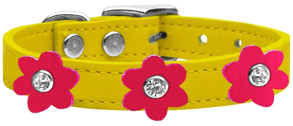 Flower Leather Collar Yellow With Bright Pink Flowers Size 20