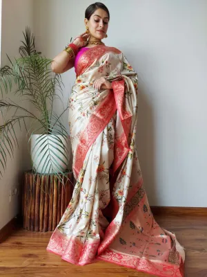 Flower Orange Saree with  Floral Print Paithani Silk