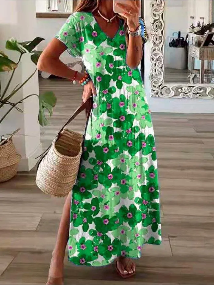 Flower Print V-Neck Short Sleeve Split Dress