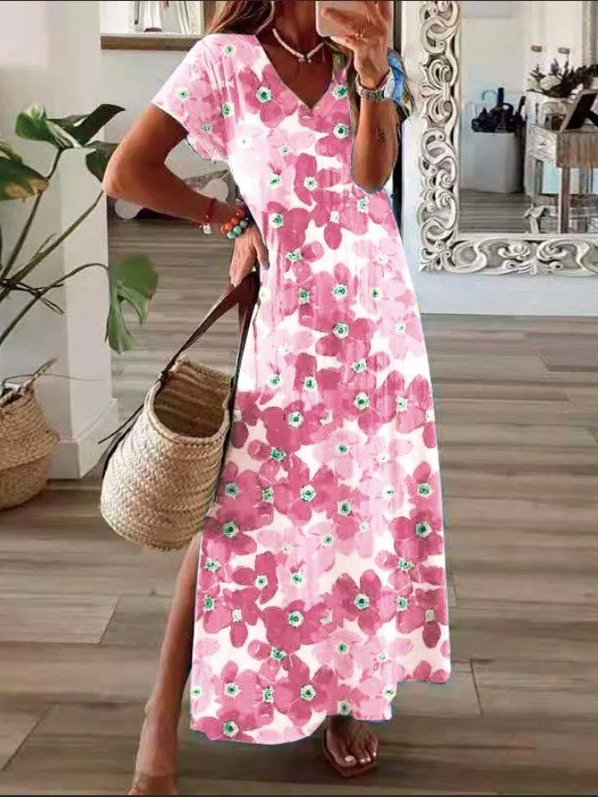 Flower Print V-Neck Short Sleeve Split Dress