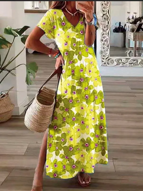 Flower Print V-Neck Short Sleeve Split Dress