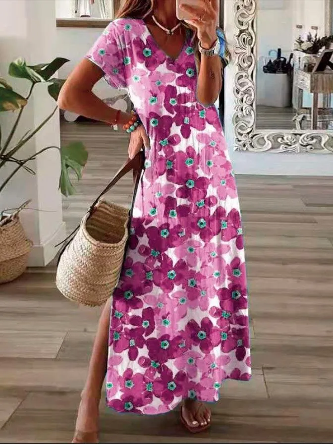 Flower Print V-Neck Short Sleeve Split Dress