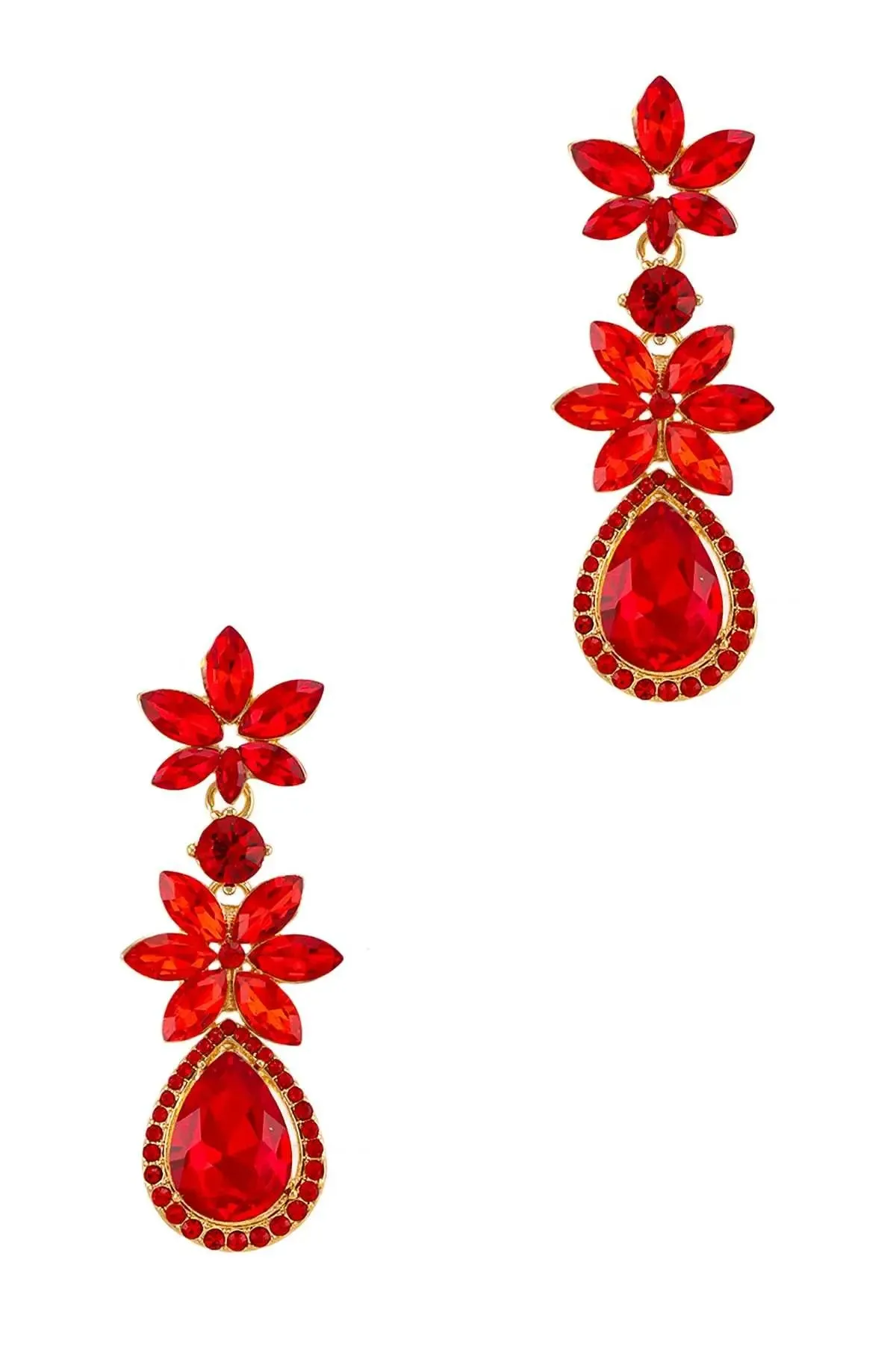 Flower Shaped Red Crystals Earrings