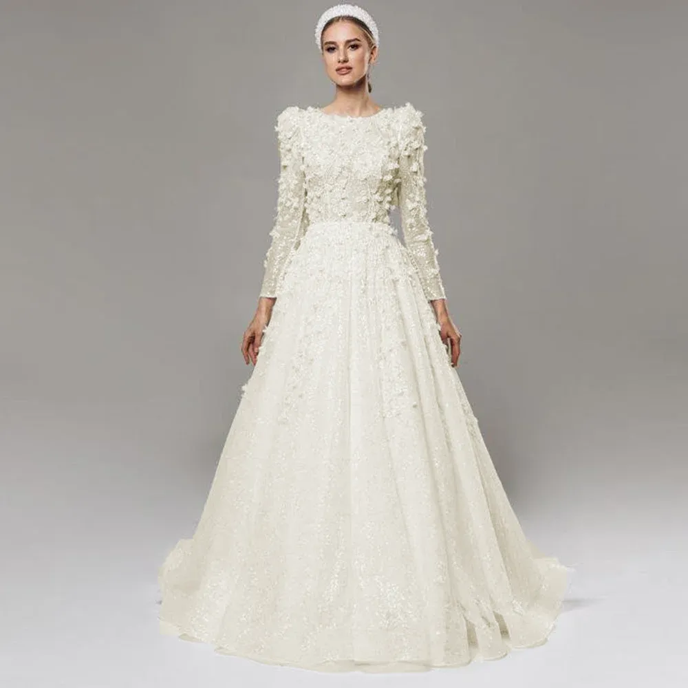 Flowers Draped Pleat Full Paillette A-line Wedding Dress Long Sleeve Bridal Gown