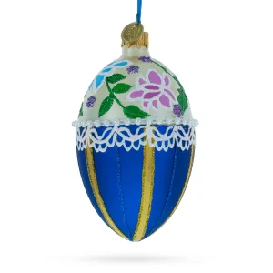 Flowers On Beige And Blue Glass Egg Christmas Ornament 4 Inches