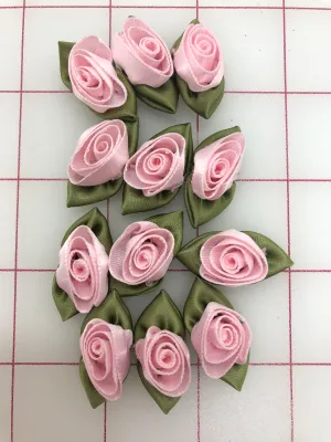 Flowers - Ribbon Rosebuds Pink and Green 12-Pack