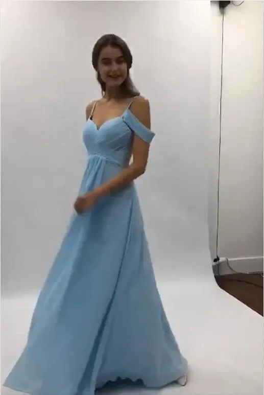 Flowy A-line Light Blue Chiffon Long Prom Dresses Simple Party Dresses with Pleats UQ2032