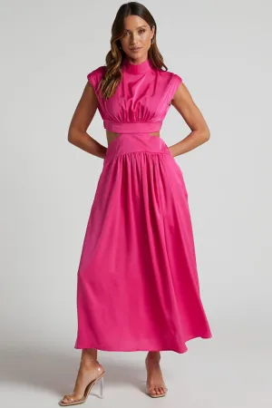 Flowy High Neck Ruched Trim Cutout Waist Summer Midi Sundress - Hot Pink