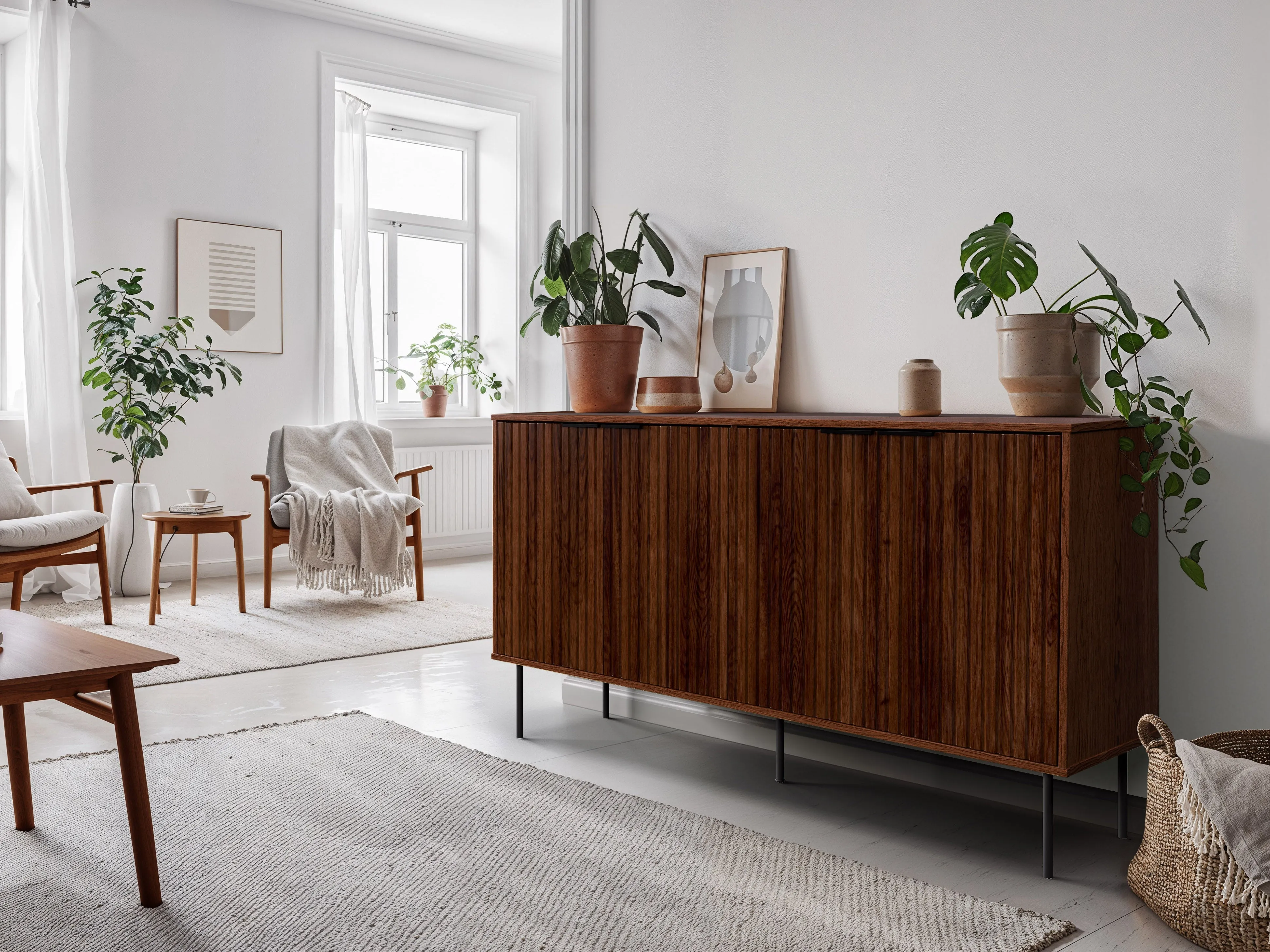 Fluted Walnut Sideboard Cabinet