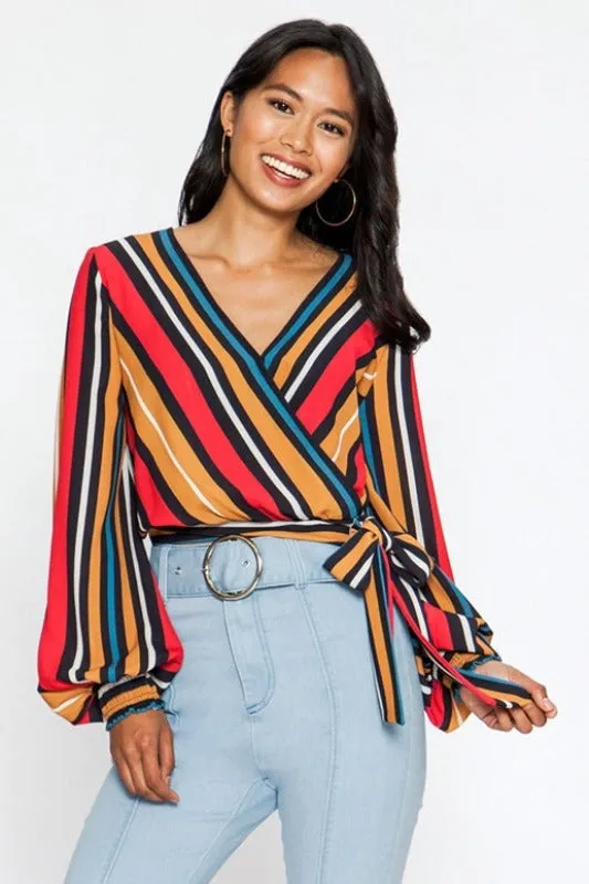 Flying Tomato Striped Wrap Blouse