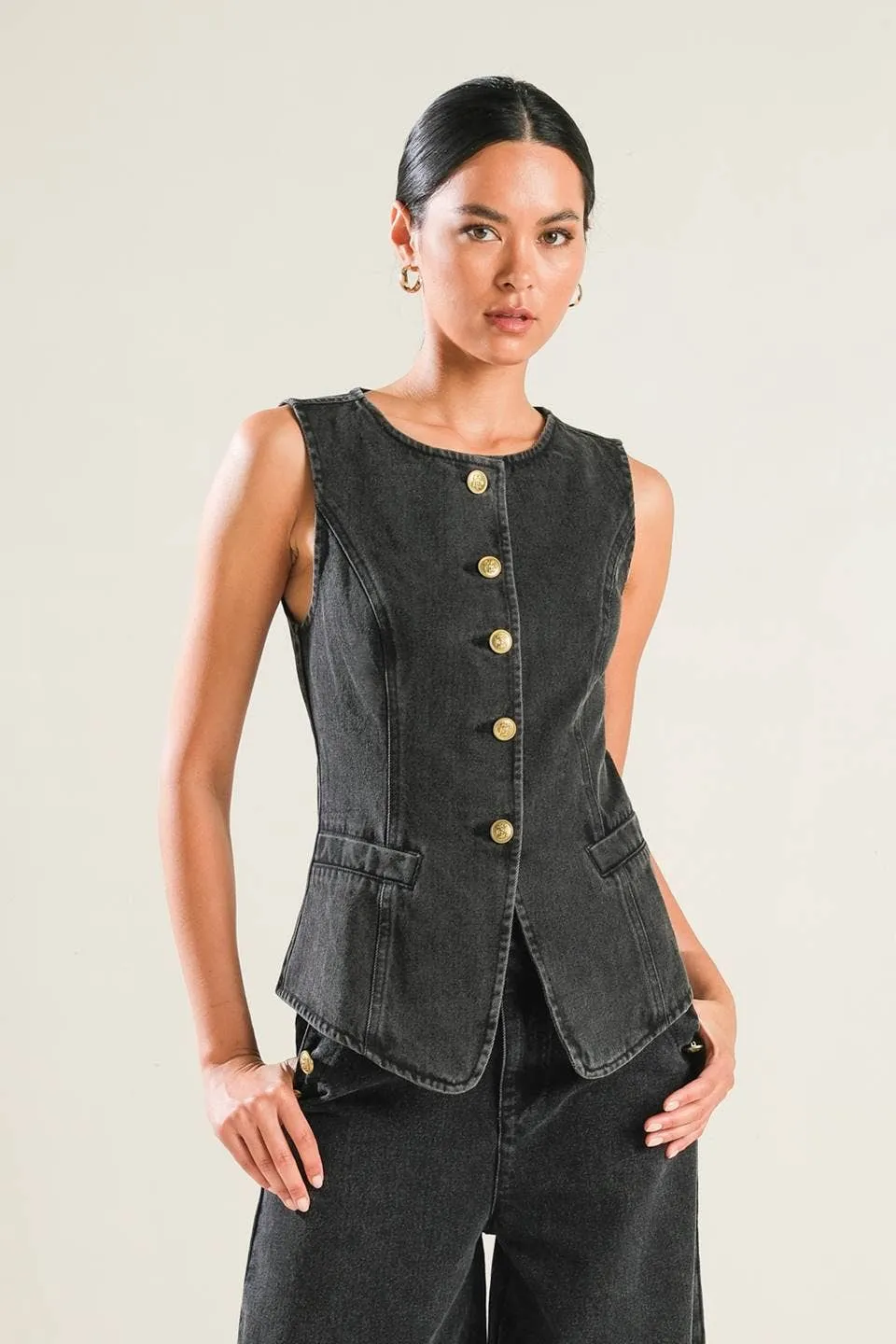 Flying Tomato Washed Denim Black Vest