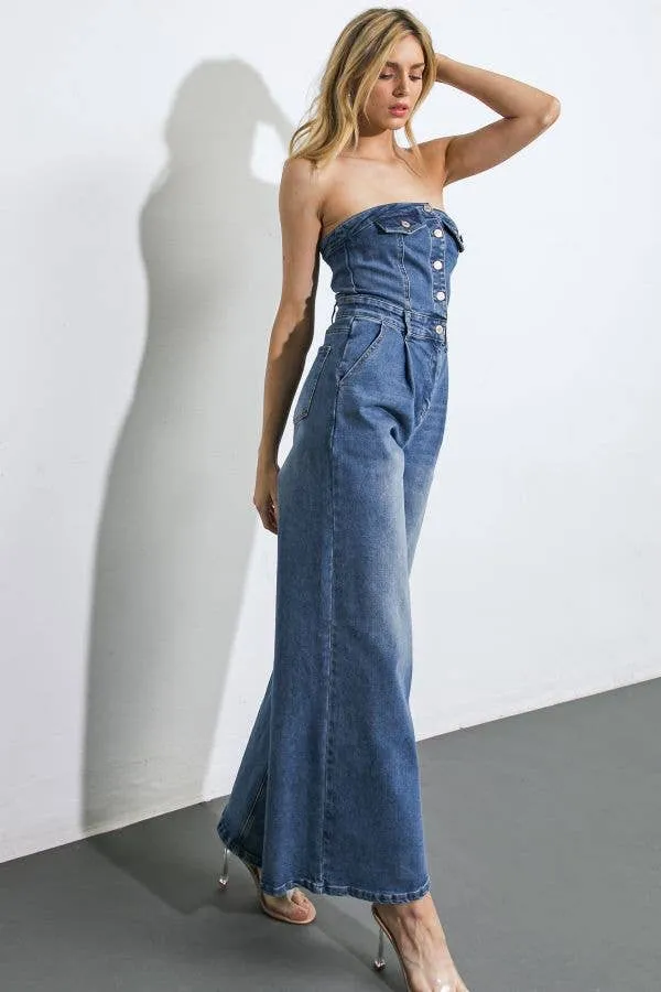 Flying Tomato Washed Denim Strapless Jumpsuit