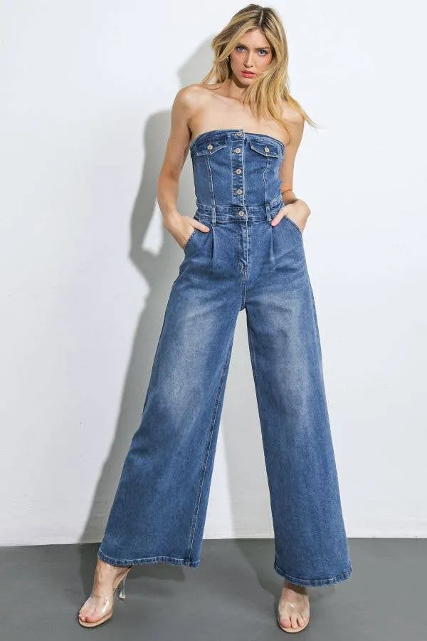 Flying Tomato Washed Denim Strapless Jumpsuit