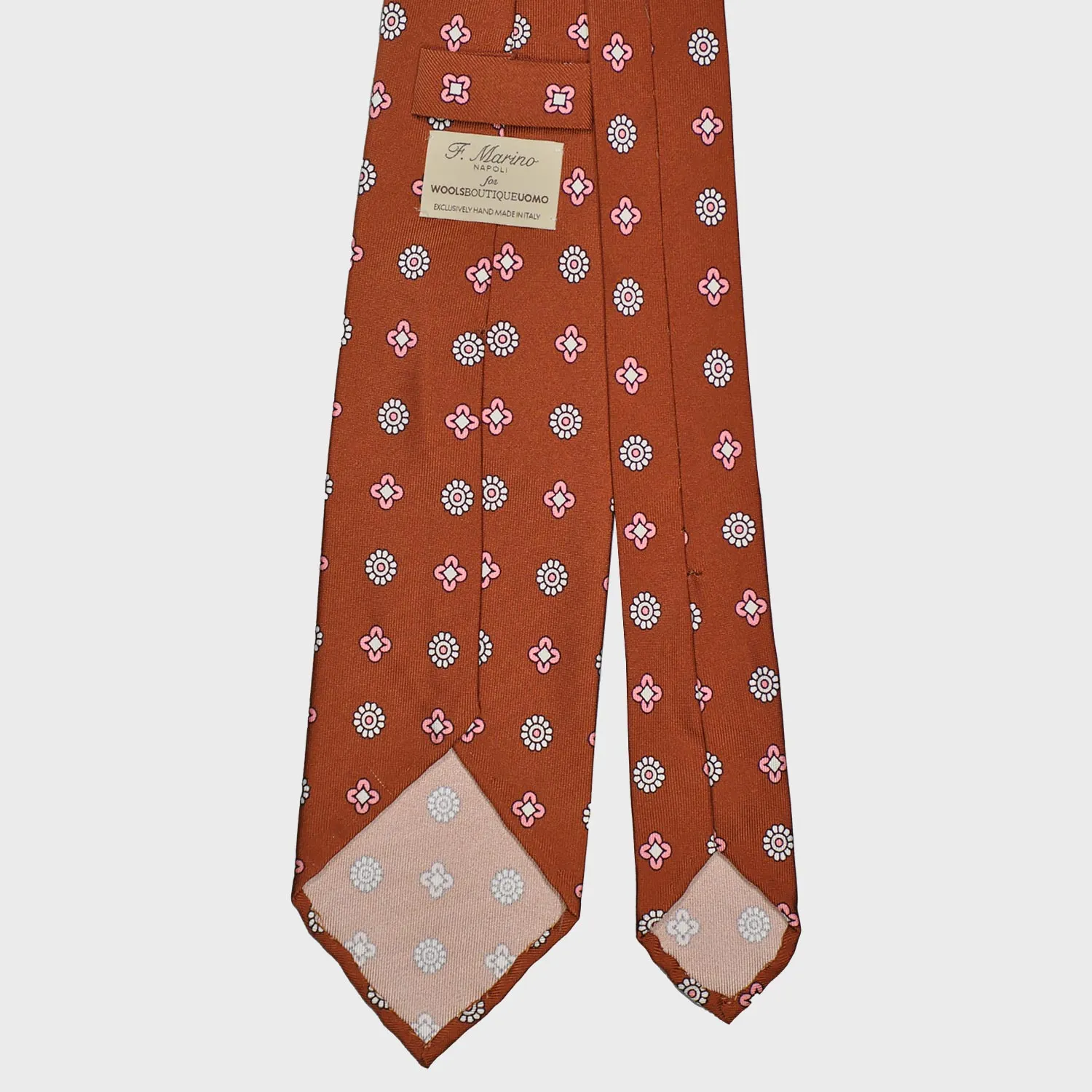 F.Marino Silk Tie 3 Folds Diamonds Cognac Brown