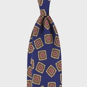 F.Marino Silk Tie 3 Folds Medallions Cobalt Blue