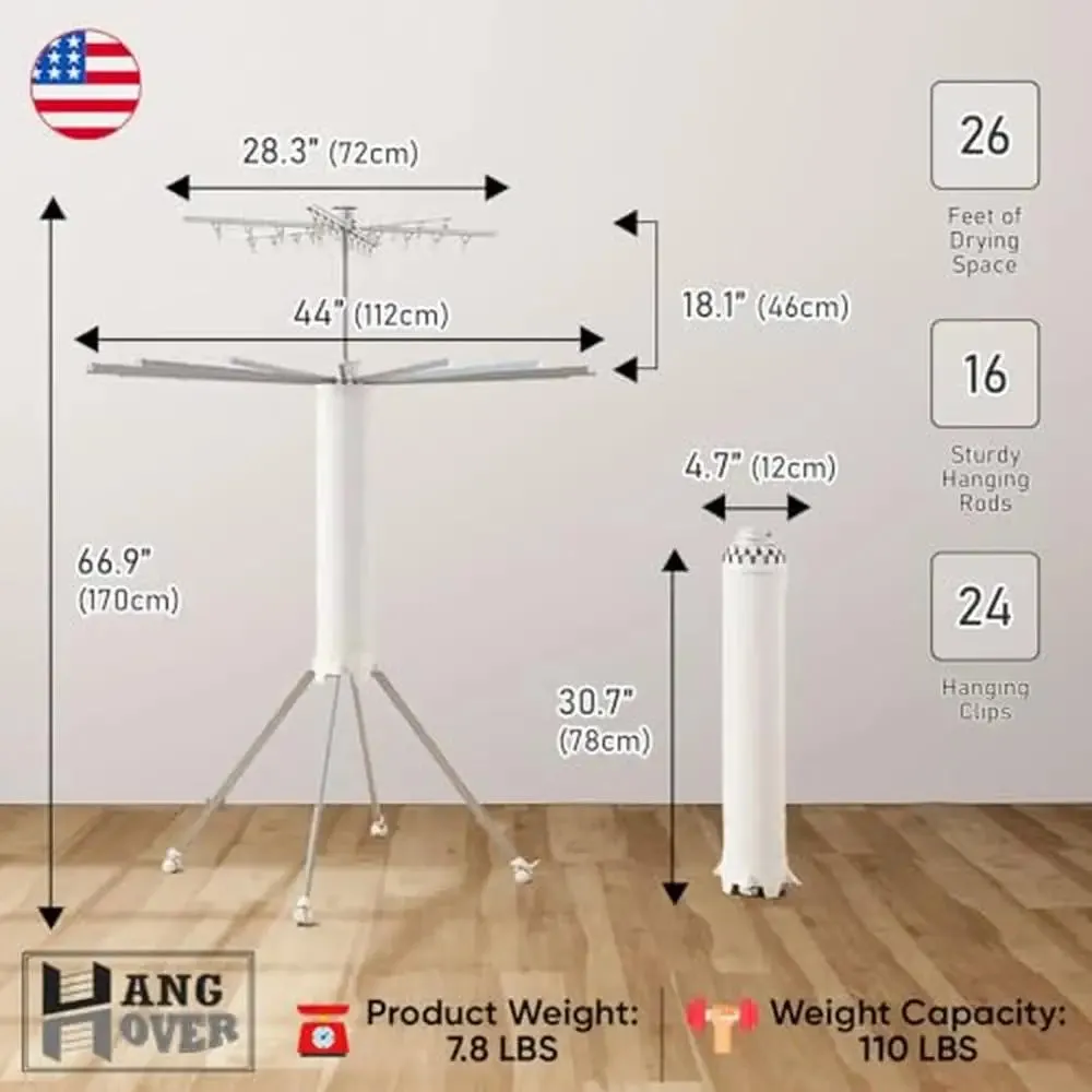 Foldable Clothes Drying Rack Tripod Stand Holder 22 Rods Space Saving Hanger Rotatable Aluminum Alloy Construction Retractable