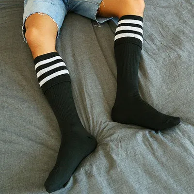 Folded striped over-the-knee high-tube long socks