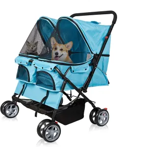 Folding 4 Wheels Double Pet Stroller Two-Seater Carrier Cart, Blue