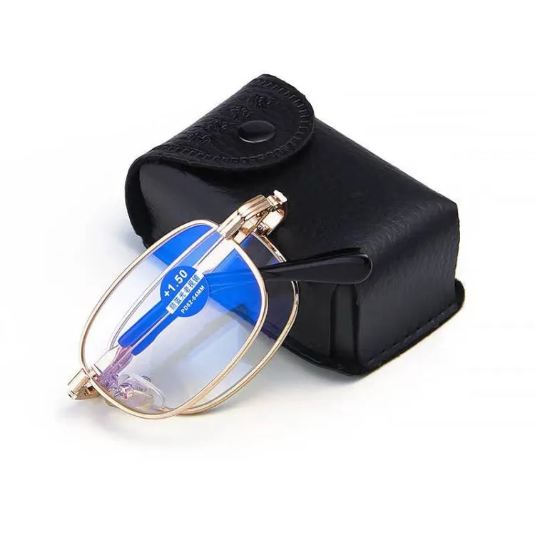 Folding Anti Blue-ray Presbyopic Reading Glasses with Case & Cleaning Cloth,  1.50D(Gold)