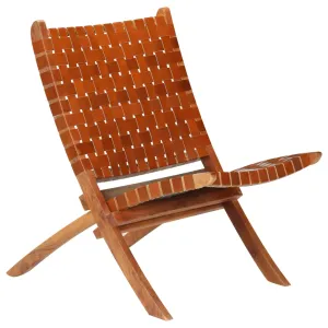 Folding Chair Crossed-Stripe Brown Real Leather