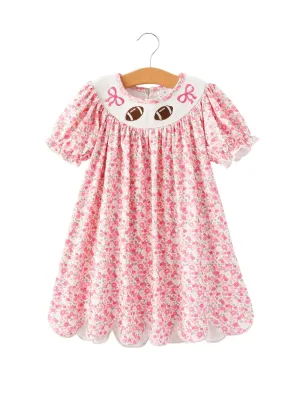 Football Smocking Bow Embroidered Girls Dress