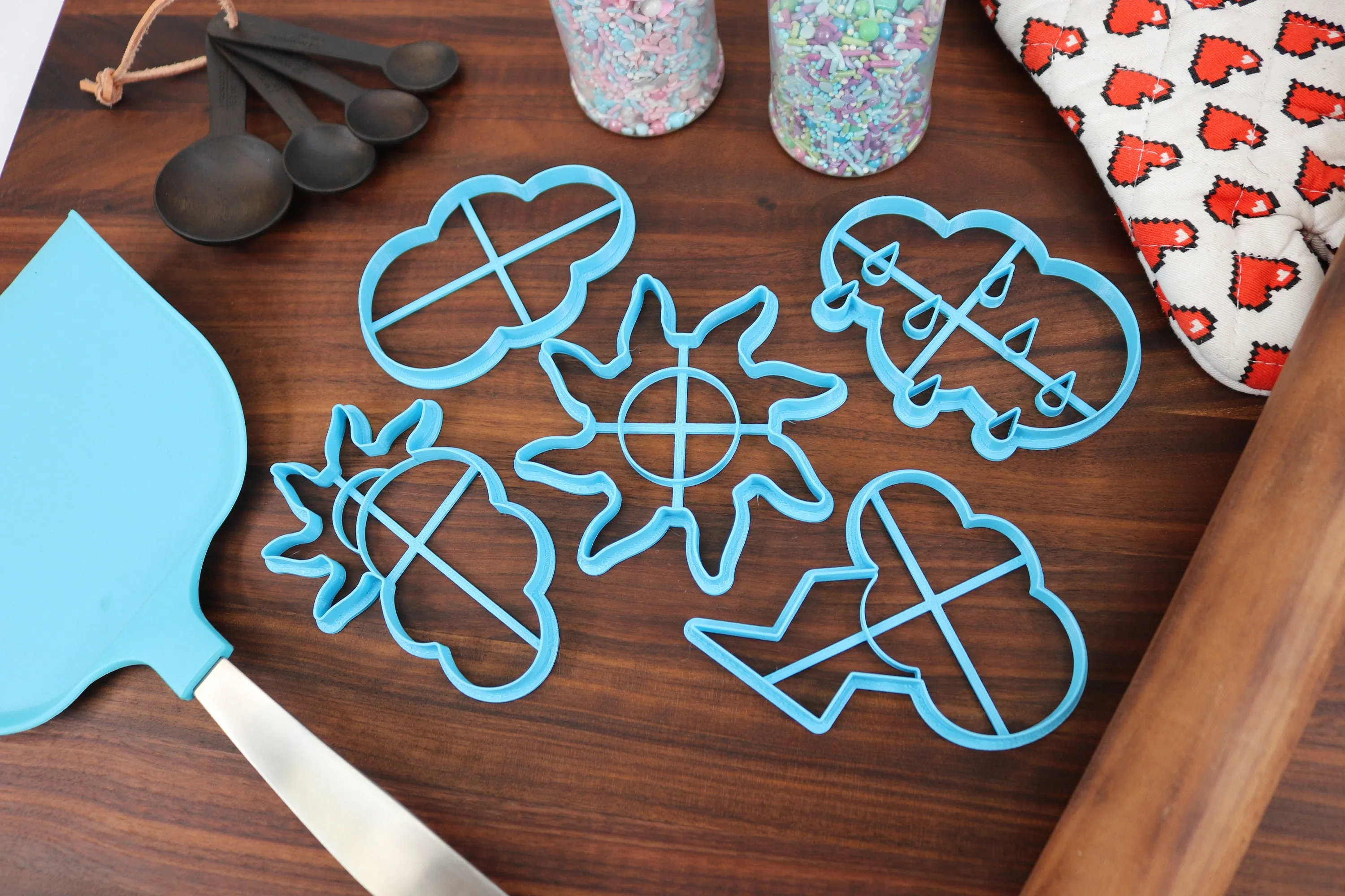 Forecasted Weather Cookie Cutters, Set 1 - Cloudy Overcast, Partly Cloudy, Rainy Skies, Sunny Weather, Thunder Storm Cutters