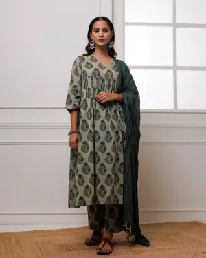 Forest Green Block Printed Suit Set With Dupatta