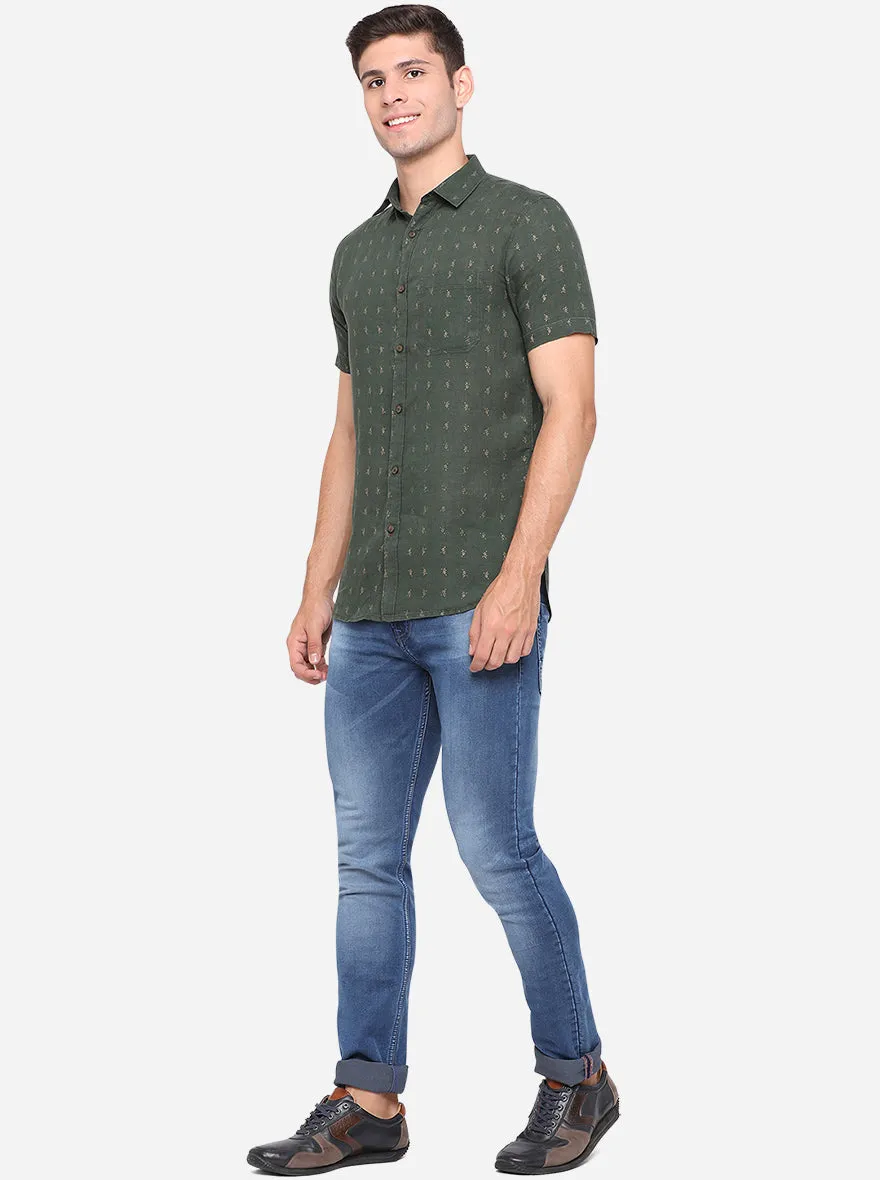 Forest Green Printed Slim Fit Semi Casual Shirt | JadeBlue