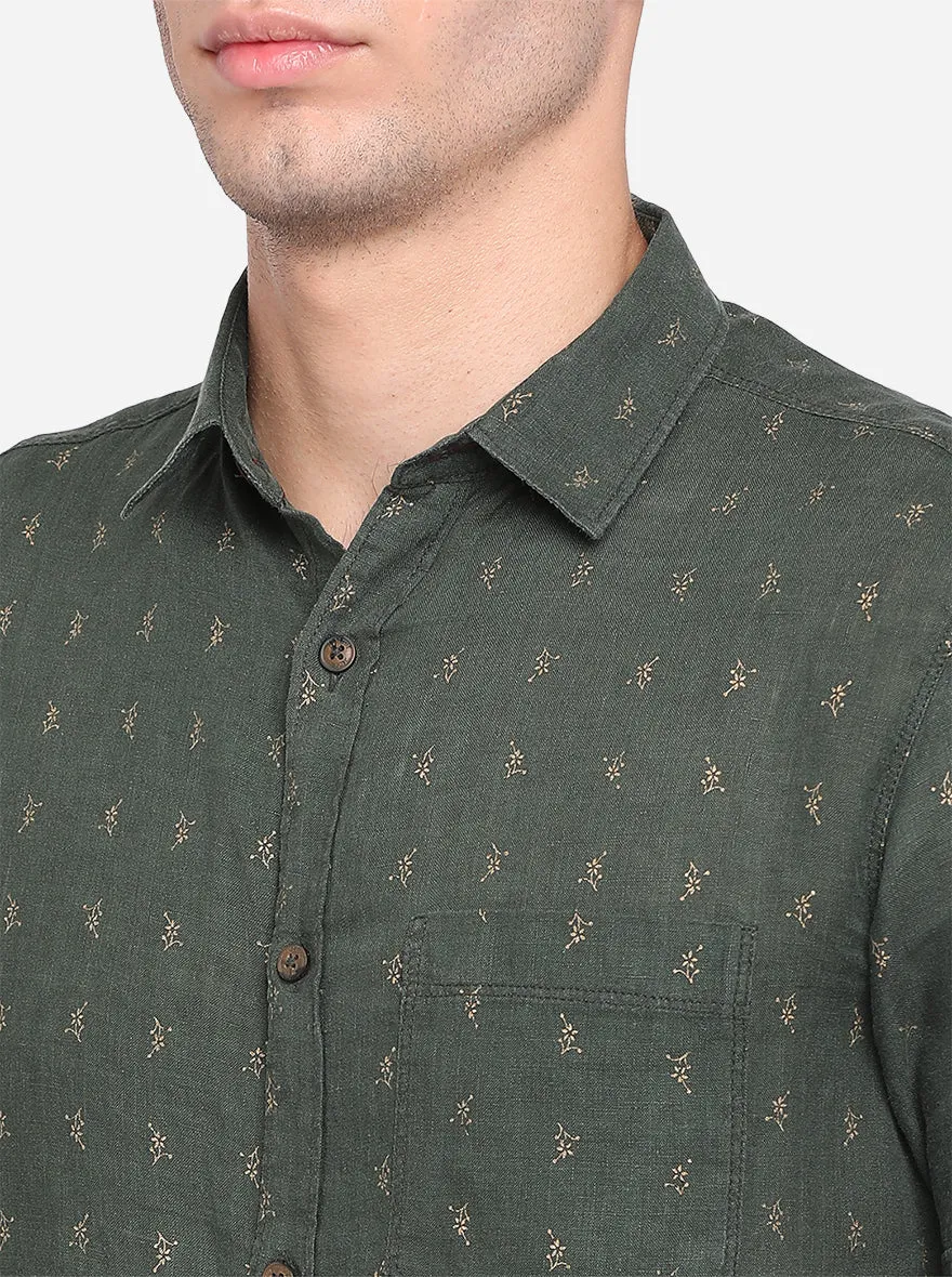 Forest Green Printed Slim Fit Semi Casual Shirt | JadeBlue