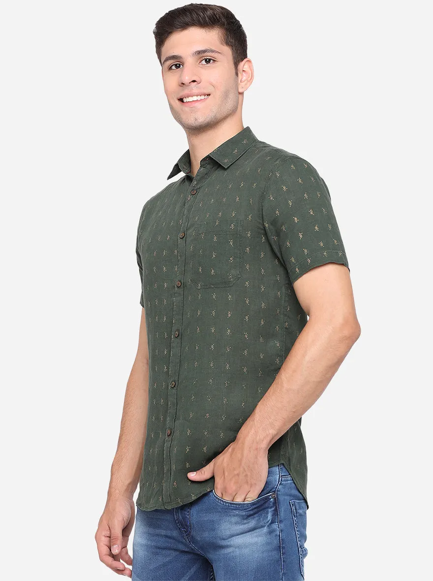 Forest Green Printed Slim Fit Semi Casual Shirt | JadeBlue