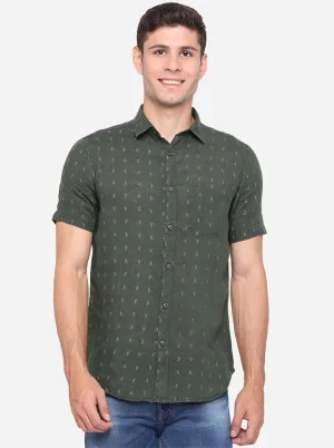 Forest Green Printed Slim Fit Semi Casual Shirt | JadeBlue