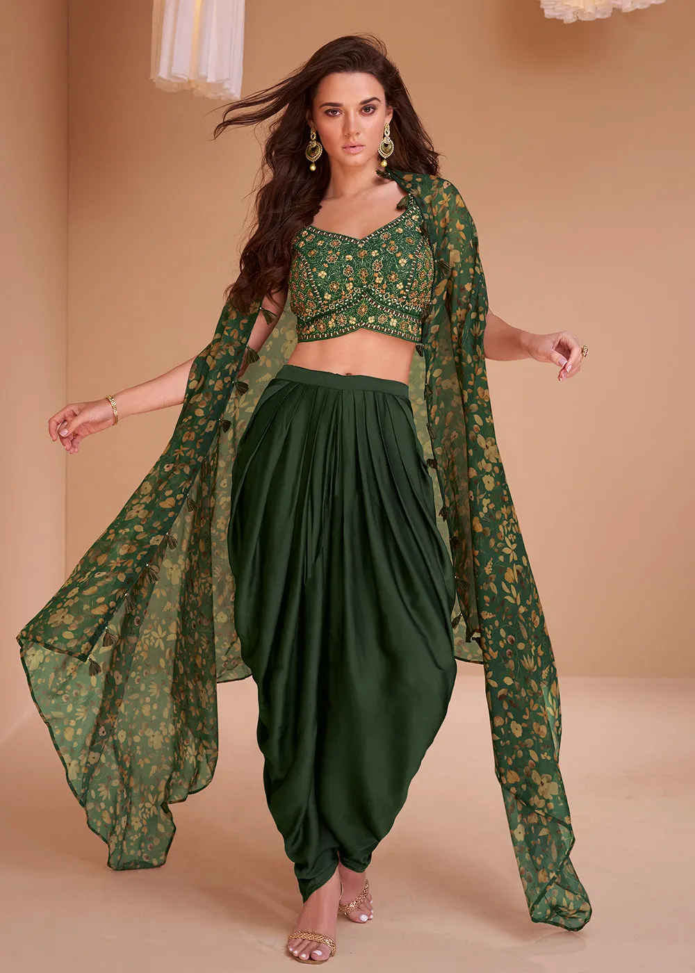 Forest Green Satin Silk Indo Western Style Dhoti Pant Suit