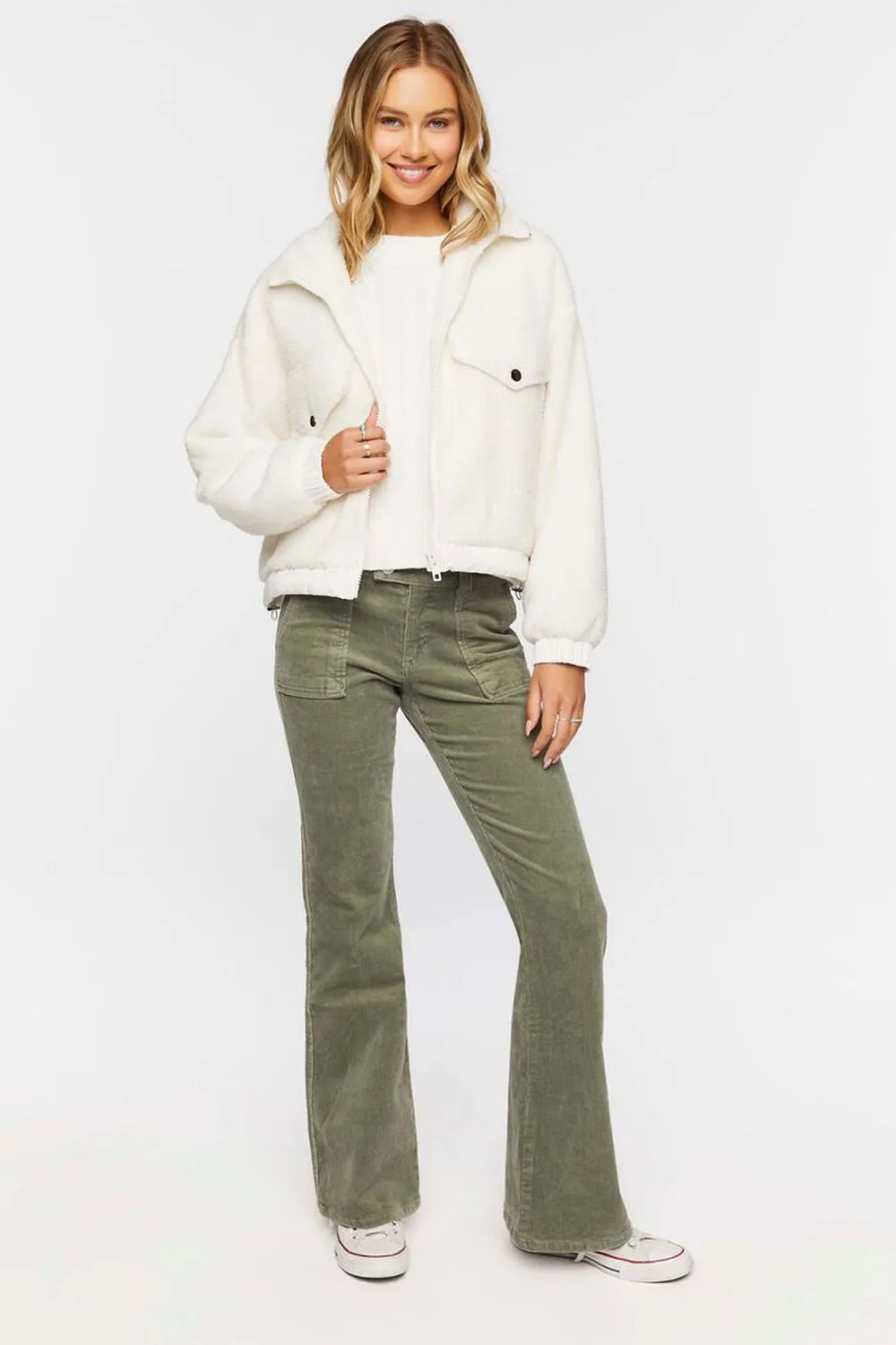 Forever 21 Faux Sheepskin Zip Bomber, Cream