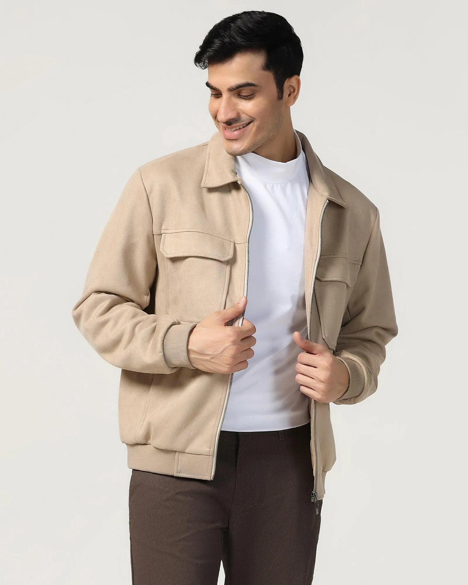 Formal Beige Solid Zipper Jacket - Ducrot