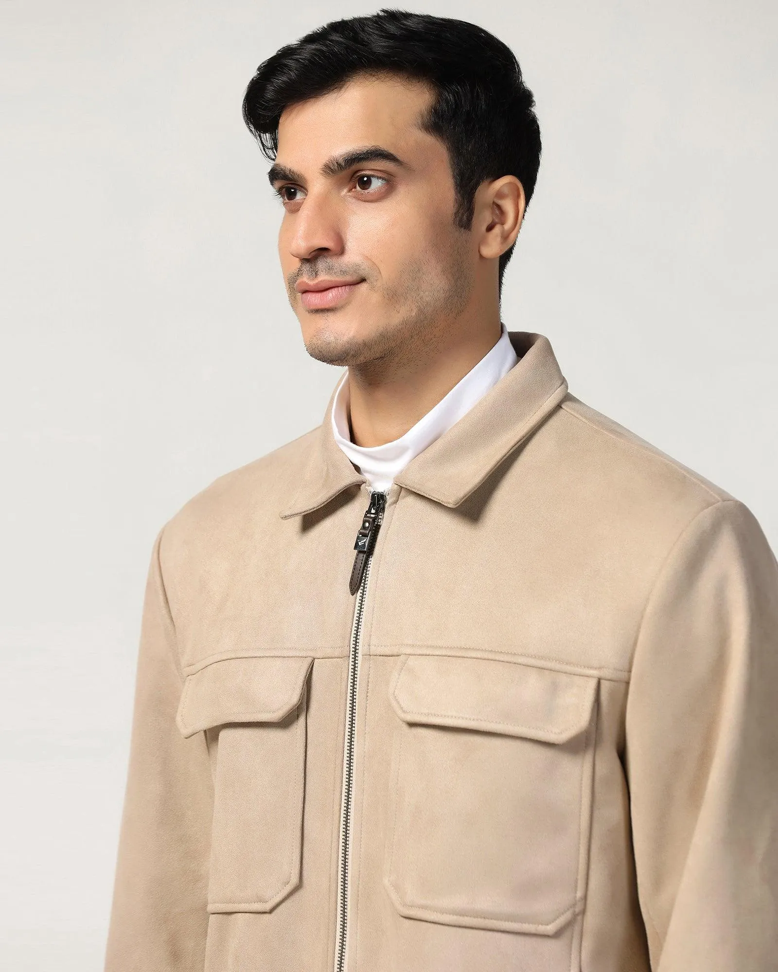 Formal Beige Solid Zipper Jacket - Ducrot