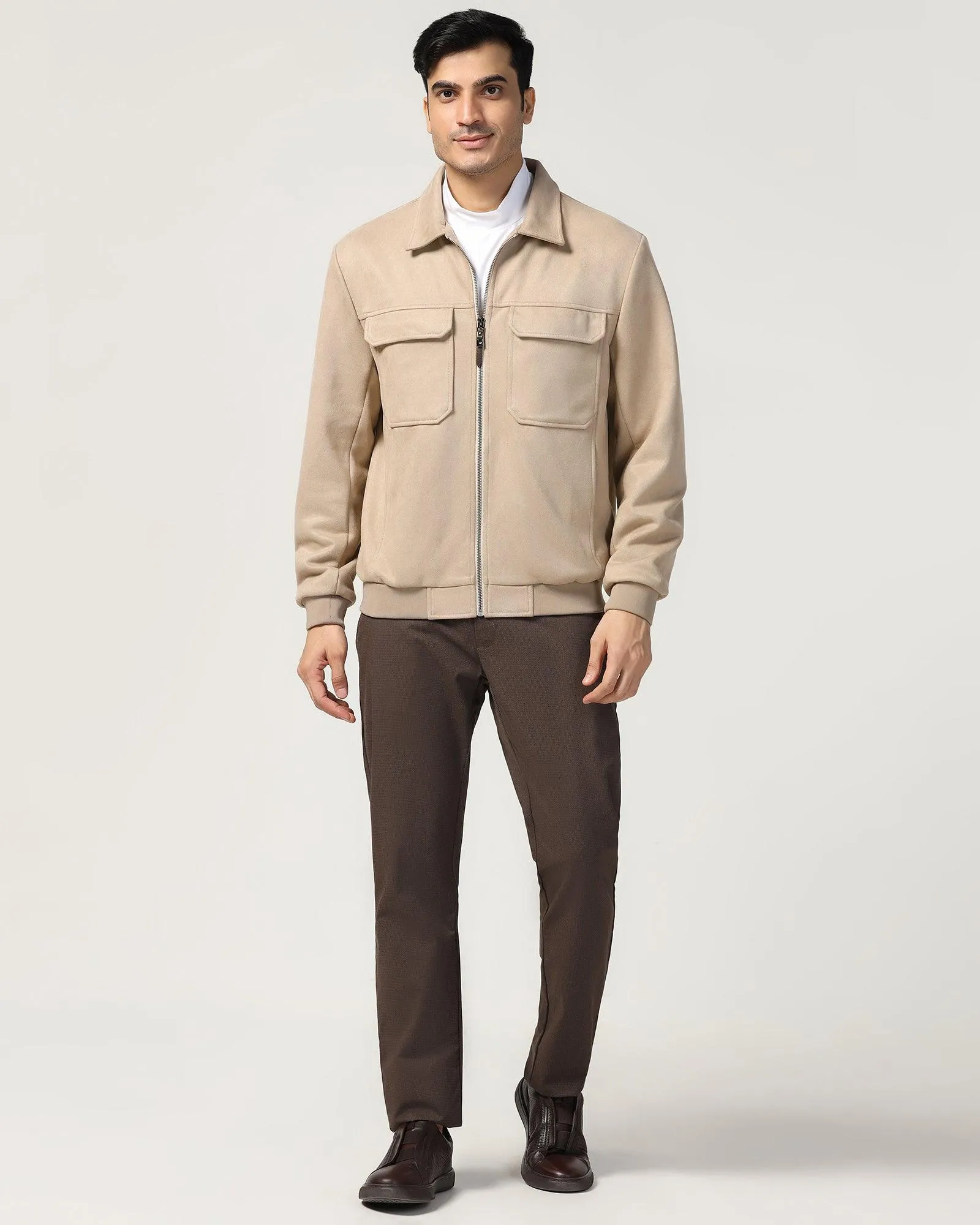 Formal Beige Solid Zipper Jacket - Ducrot